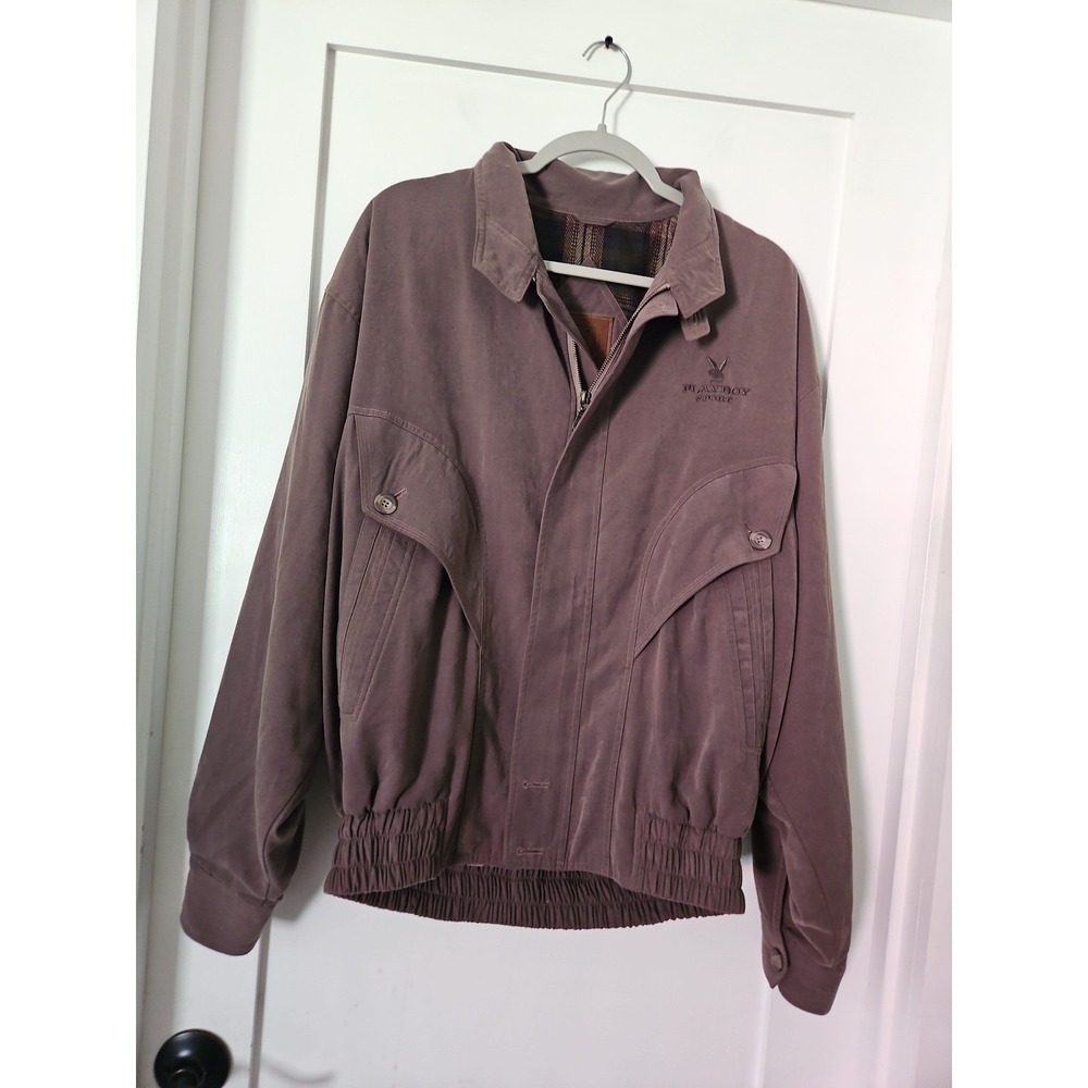 Vintage 90s Playboy Harrington Bomber Jacket Plum Plaid Quilted XL - Picture 2 of 12